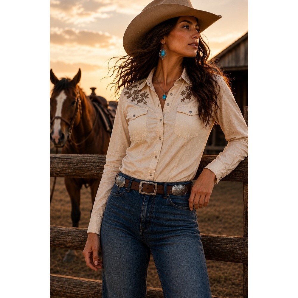 Catchfly Large Concho Belt Western Cowgirl Tan Leather‎ Antique Silver Buckle